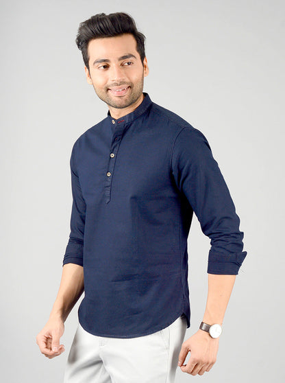 Navy Blue Solid Slim Fit Short Kurta | Greenfibre
