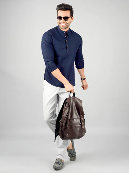 Navy Blue Solid Slim Fit Short Kurta | Greenfibre