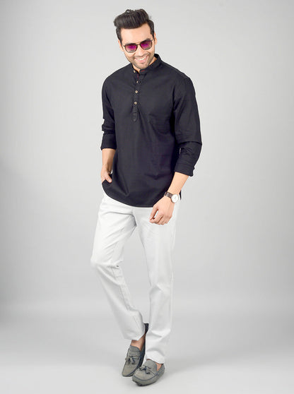 Phantom Black Solid Slim Fit Short Kurta | Greenfibre