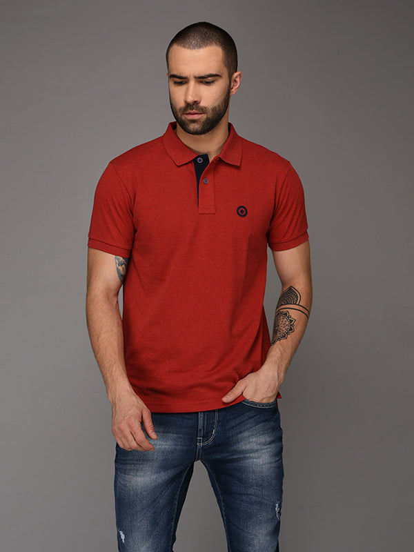 Greenfibre Dark Red Melange Slim Fit Polo T-Shirt