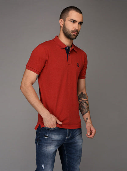 Greenfibre Dark Red Melange Slim Fit Polo T-Shirt