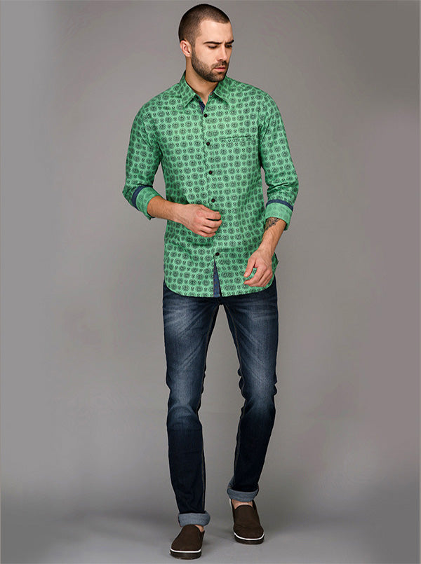 Greenfibre Light Green Printed Slim Fit Casual Shirt