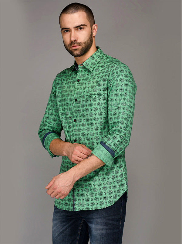 Greenfibre Light Green Printed Slim Fit Casual Shirt