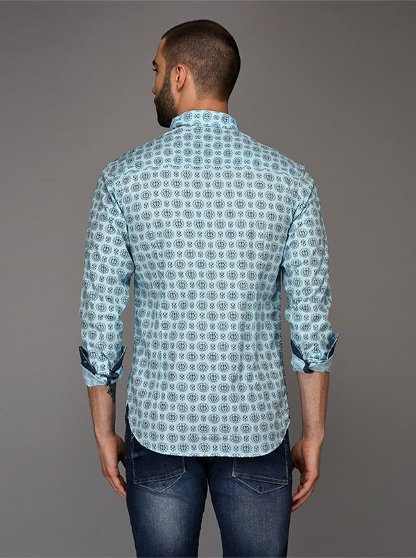 Greenfibre Light Blue Printed Slim Fit Casual Shirt