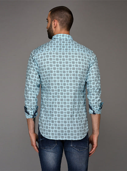 Greenfibre Light Blue Printed Slim Fit Casual Shirt