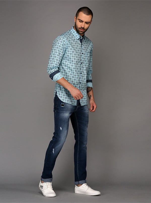 Greenfibre Light Blue Printed Slim Fit Casual Shirt