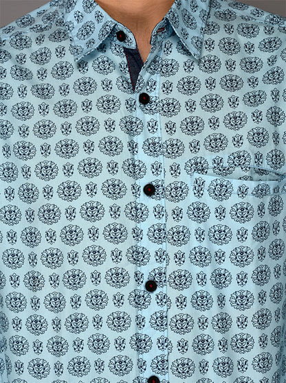 Greenfibre Light Blue Printed Slim Fit Casual Shirt