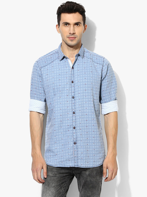 JB Sport Sky Blue Checked Slim Fit Casual Shirt