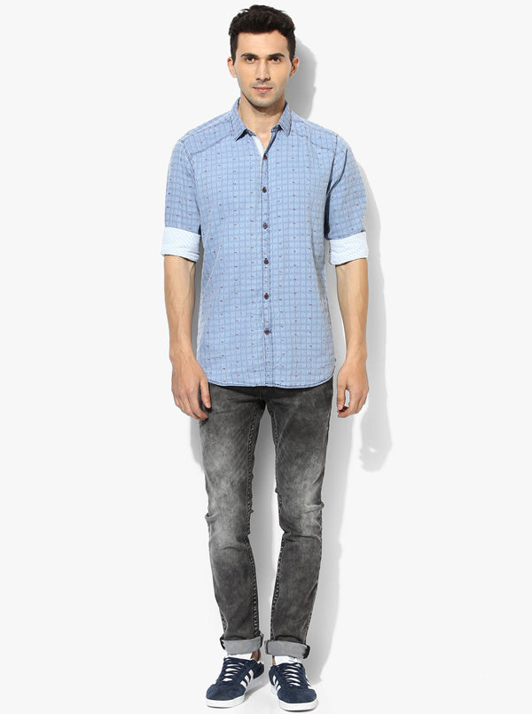 JB Sport Sky Blue Checked Slim Fit Casual Shirt