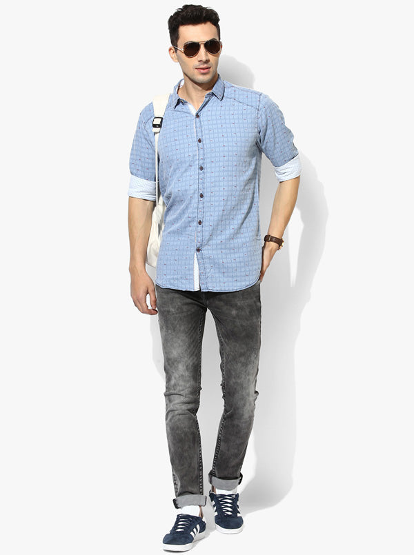 JB Sport Sky Blue Checked Slim Fit Casual Shirt