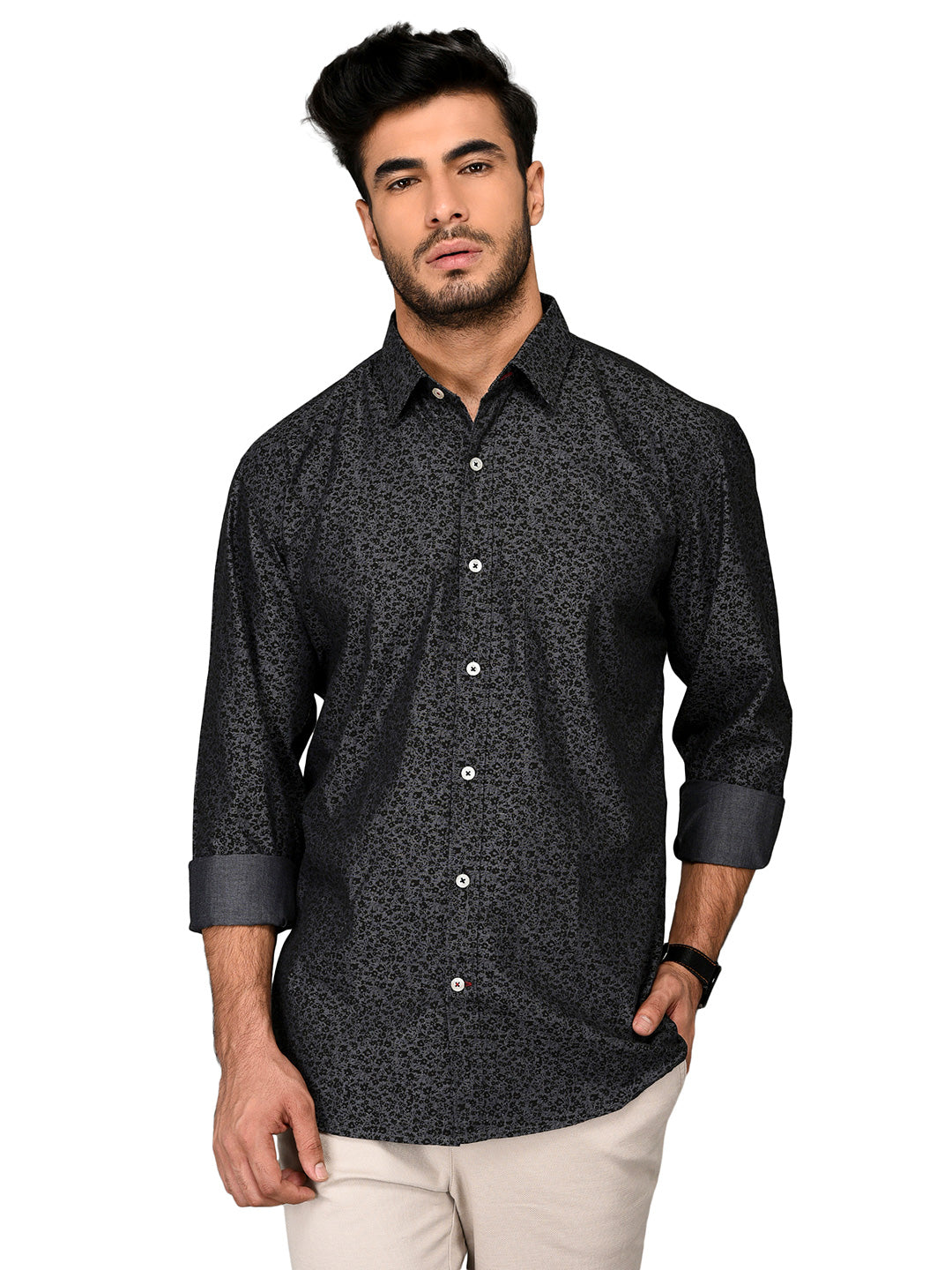 Grey & Black Printed Slim Fit Casual Shirt | JB Sport