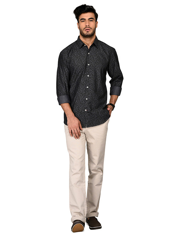 Grey & Black Printed Slim Fit Casual Shirt | JB Sport