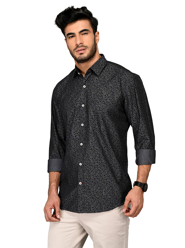 Grey & Black Printed Slim Fit Casual Shirt | JB Sport
