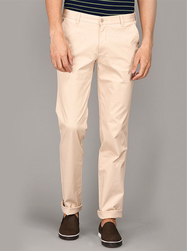 Greenfibre Beige Self Textured Slim Fit Casual Trouser