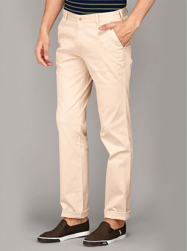 Greenfibre Beige Self Textured Slim Fit Casual Trouser