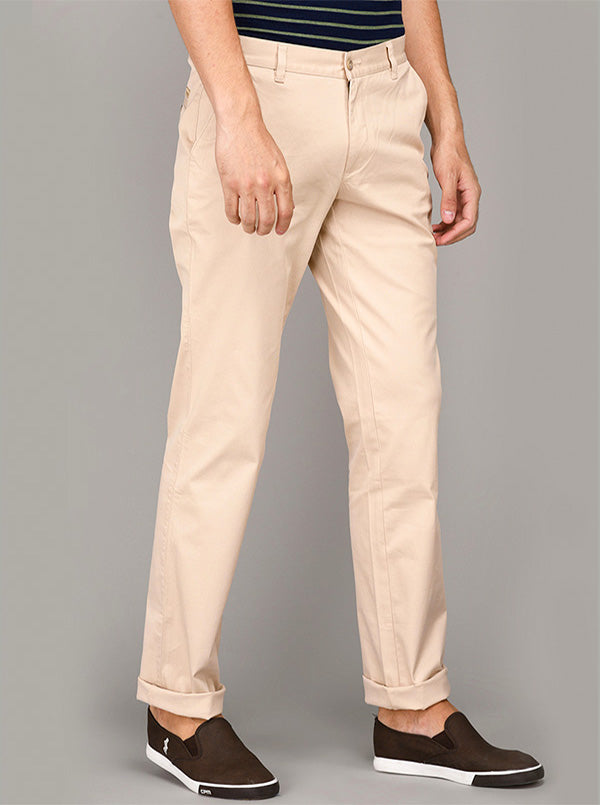 Greenfibre Beige Self Textured Slim Fit Casual Trouser