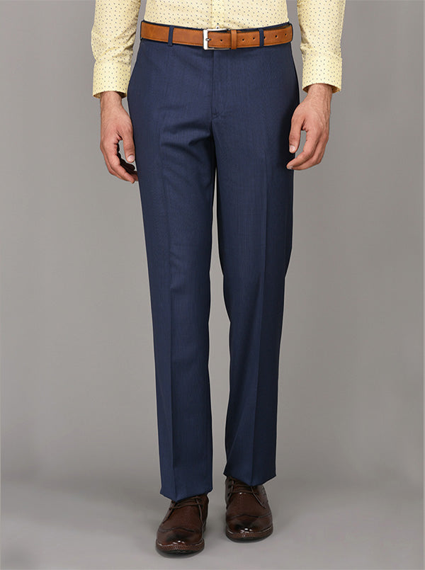 Metal Blue Self Textured Slim Fit Formal Trouser