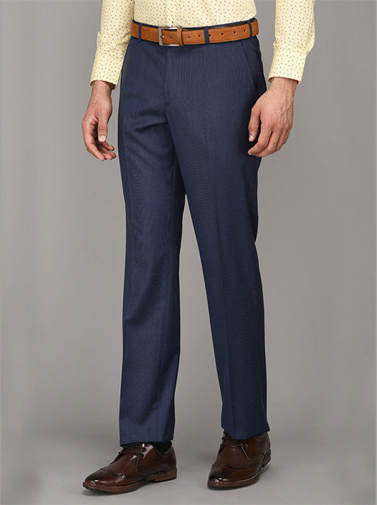 Metal Blue Self Textured Slim Fit Formal Trouser