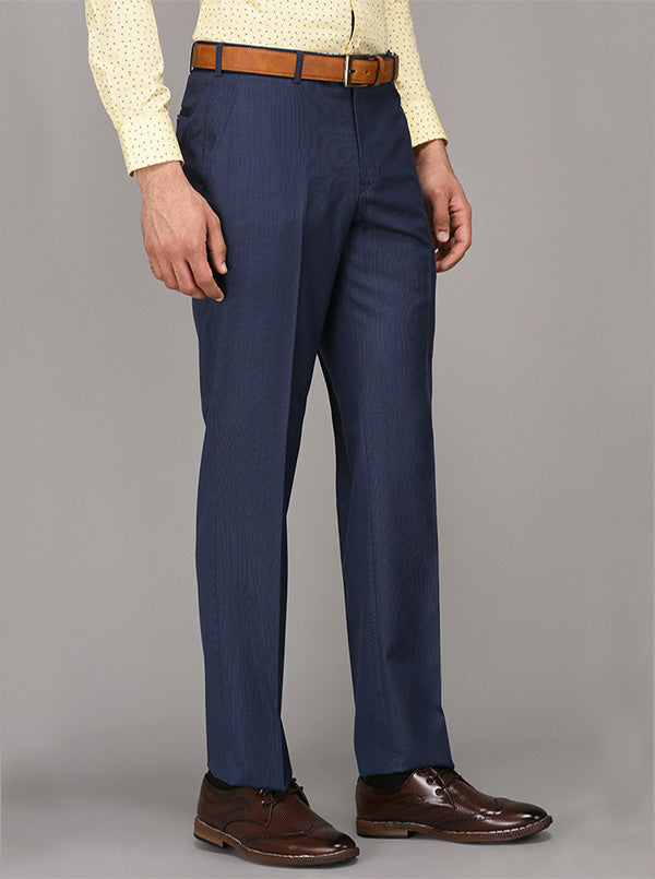 Metal Blue Self Textured Slim Fit Formal Trouser