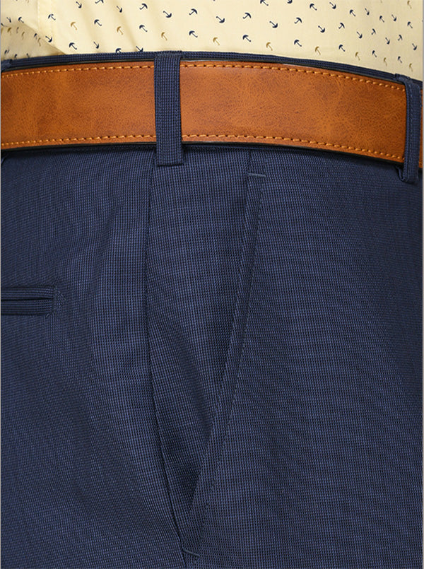 Metal Blue Self Textured Slim Fit Formal Trouser