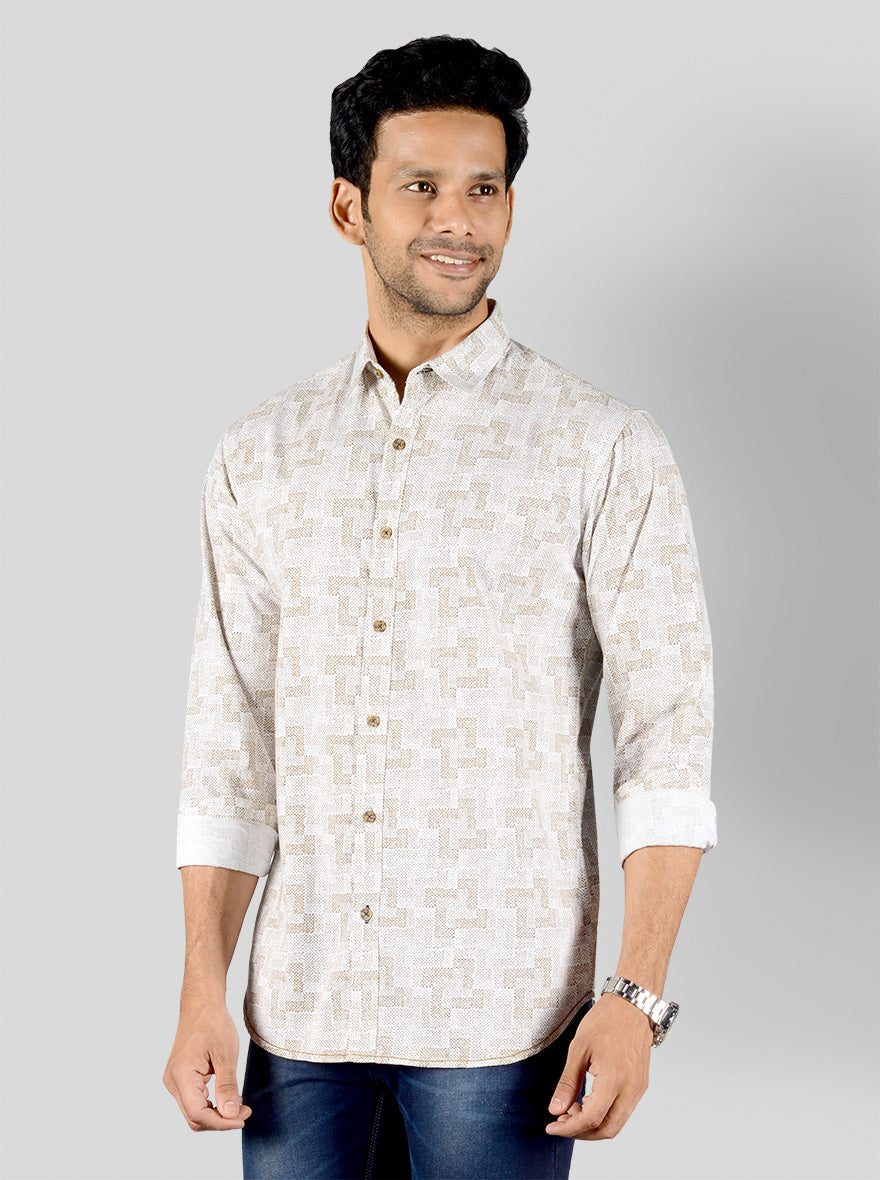 White & Beige Printed Slim Fit Casual Shirt | Greenfibre