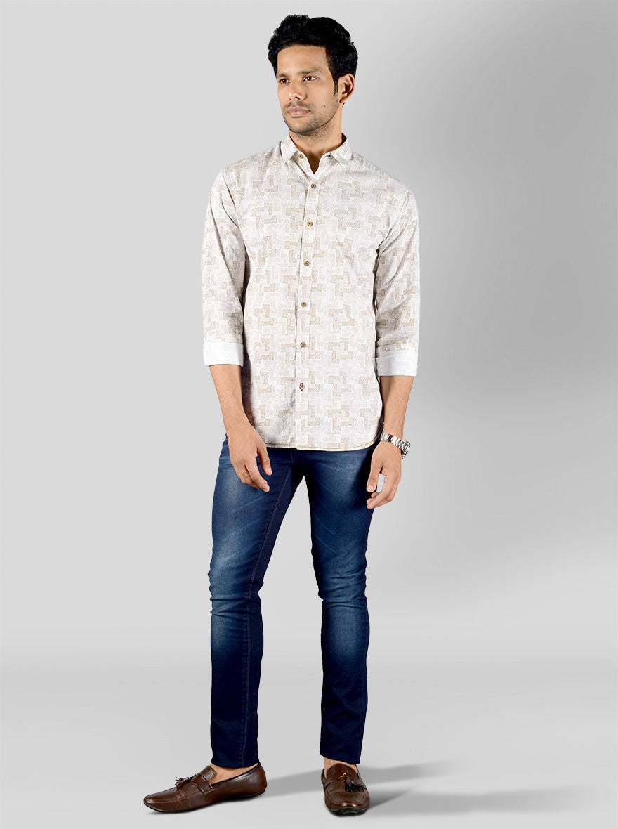 White & Beige Printed Slim Fit Casual Shirt | Greenfibre