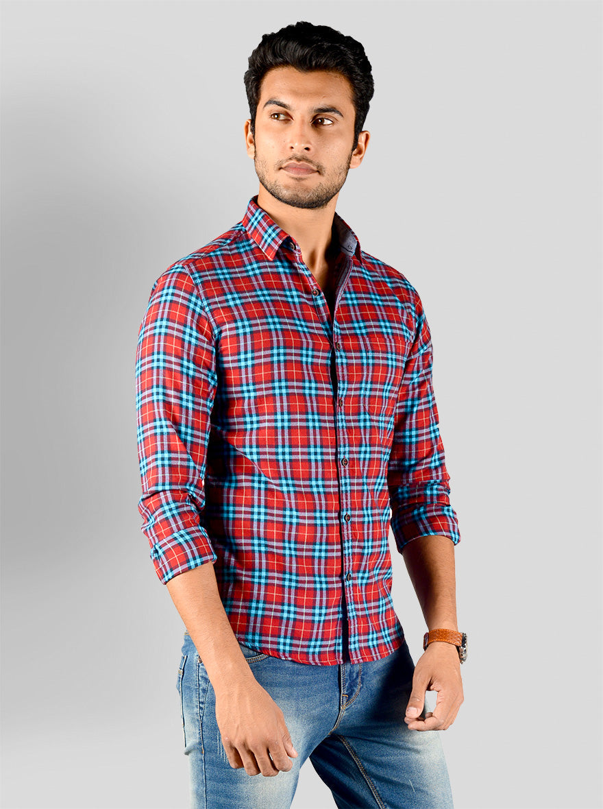 Chinese Red & Blue Checked Slim Fit Casual Shirt | Greenfibre