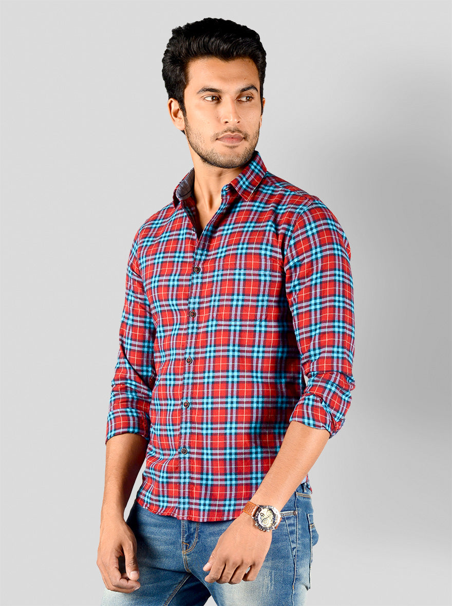 Chinese Red & Blue Checked Slim Fit Casual Shirt | Greenfibre