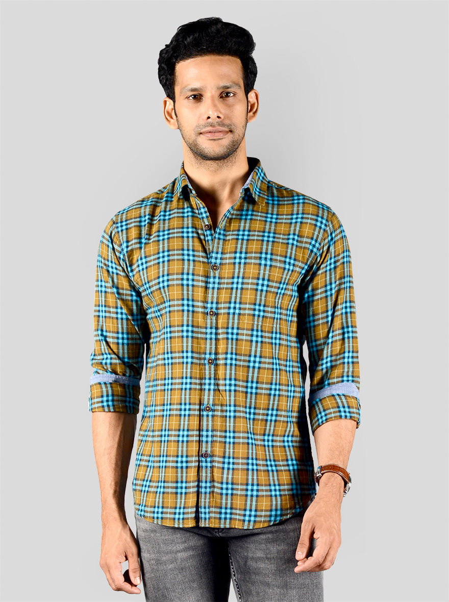 Wood Brown & Blue Checked Slim Fit Casual Shirt | Greenfibre