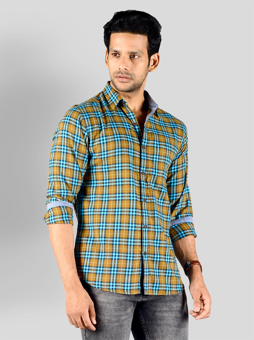 Wood Brown & Blue Checked Slim Fit Casual Shirt | Greenfibre