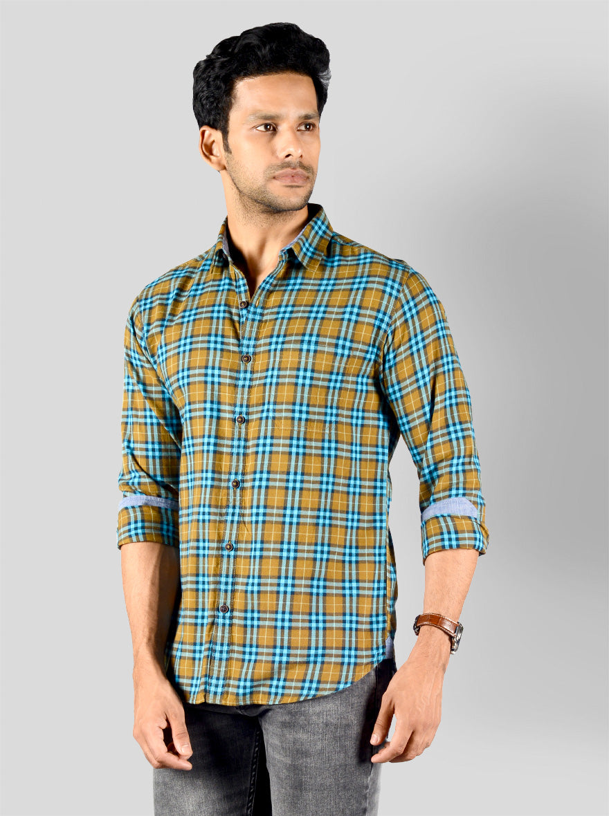 Wood Brown & Blue Checked Slim Fit Casual Shirt | Greenfibre