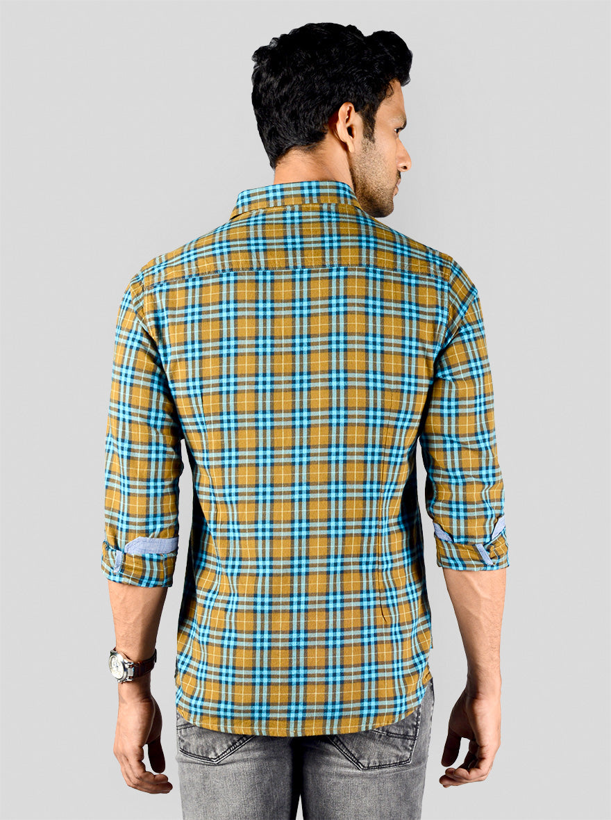 Wood Brown & Blue Checked Slim Fit Casual Shirt | Greenfibre