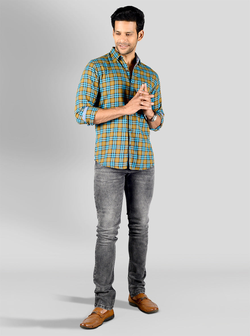 Wood Brown & Blue Checked Slim Fit Casual Shirt | Greenfibre