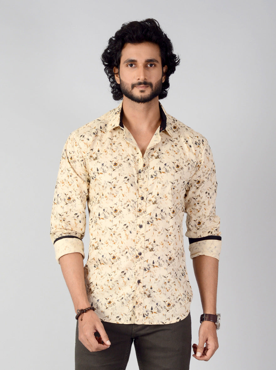 Beige Printed Slim Fit Casual Shirt | Greenfibre