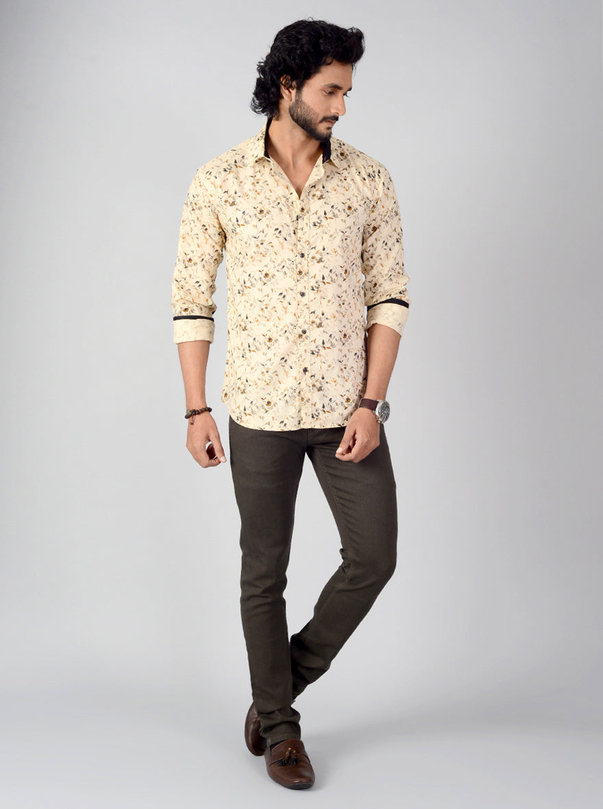 Beige Printed Slim Fit Casual Shirt | Greenfibre