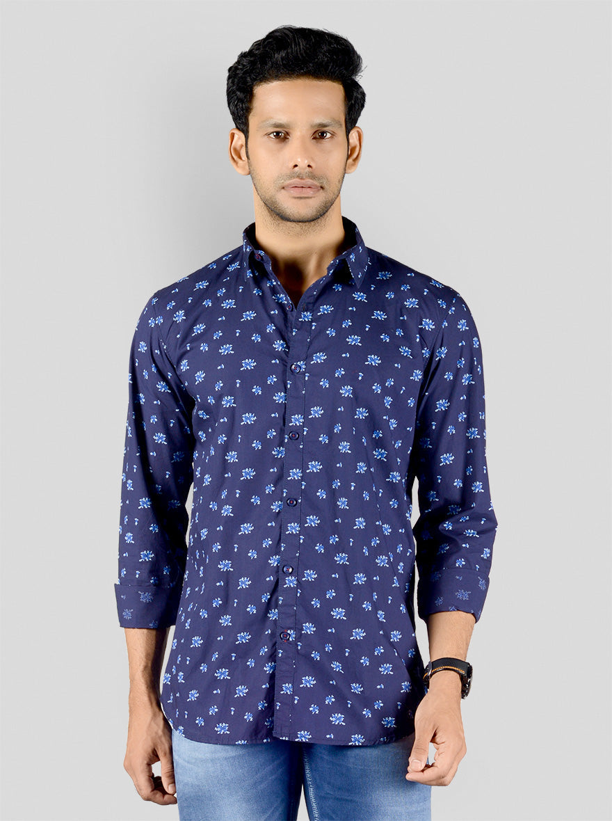 Blue Printed Slim Fit Casual Shirt | JB Sport