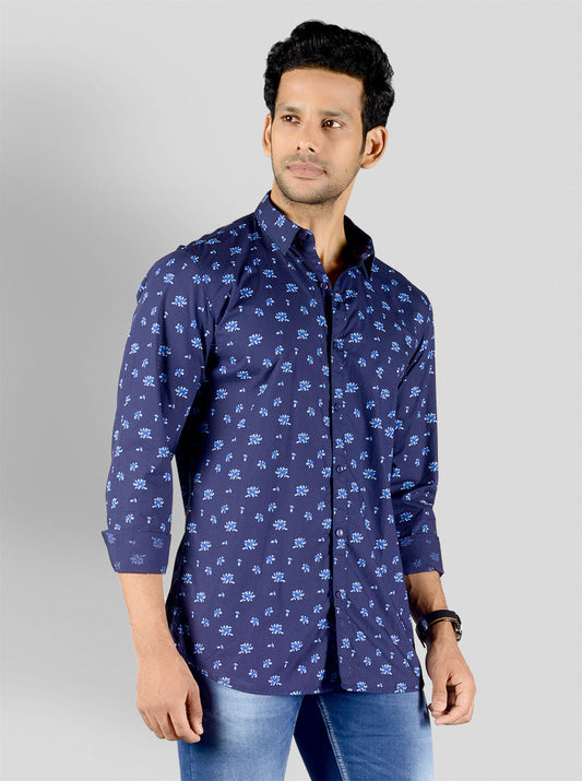 Blue Printed Slim Fit Casual Shirt | JB Sport