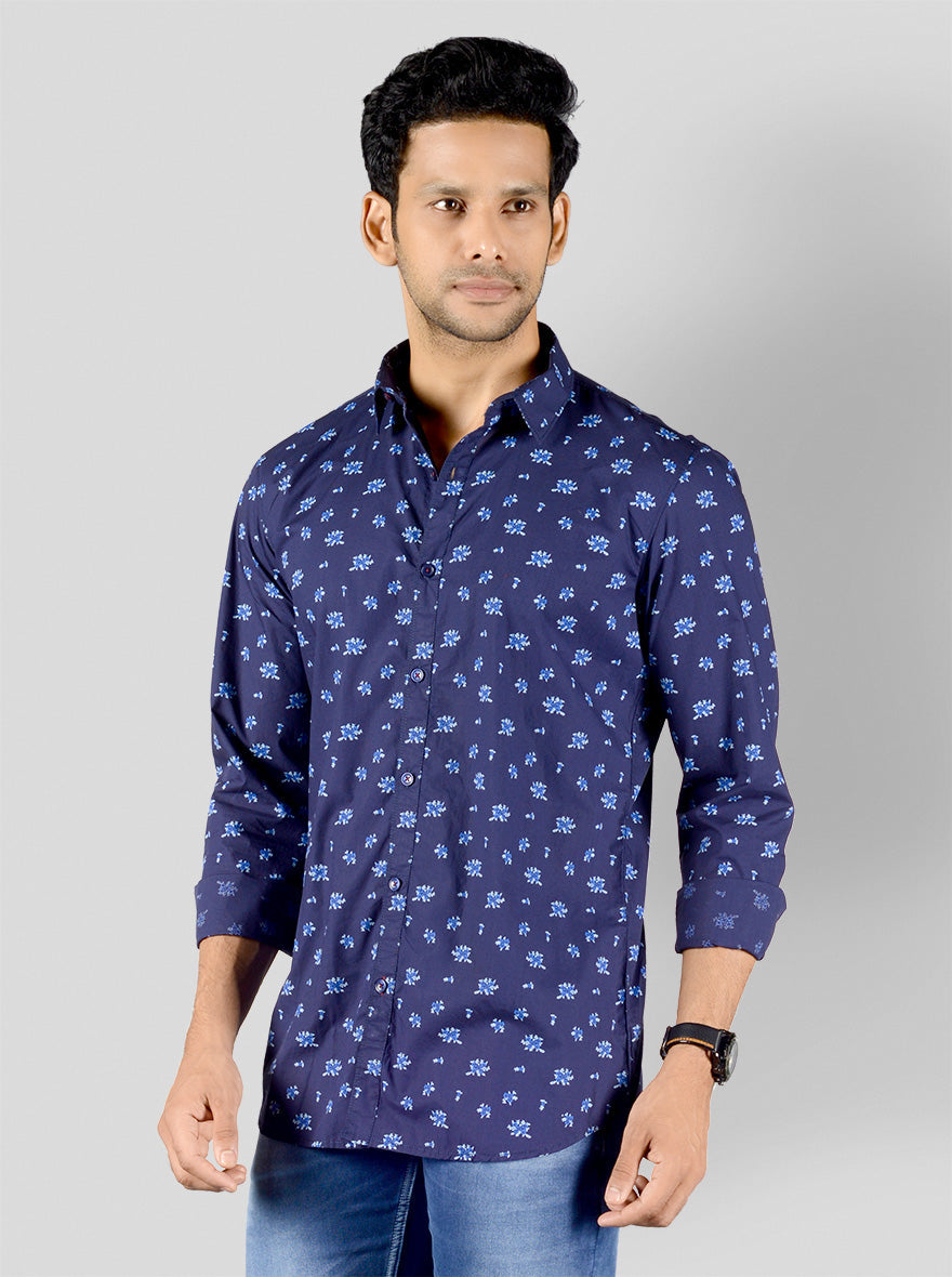 Blue Printed Slim Fit Casual Shirt | JB Sport