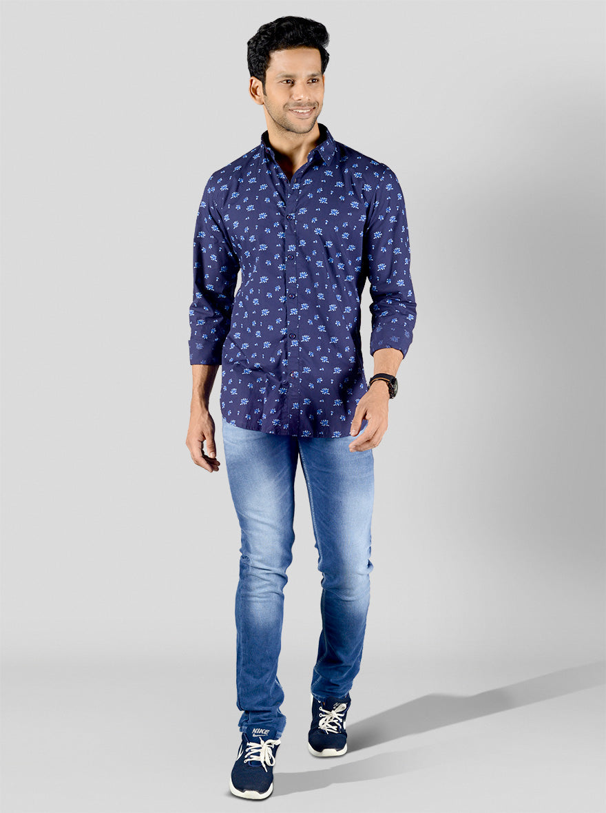 Blue Printed Slim Fit Casual Shirt | JB Sport