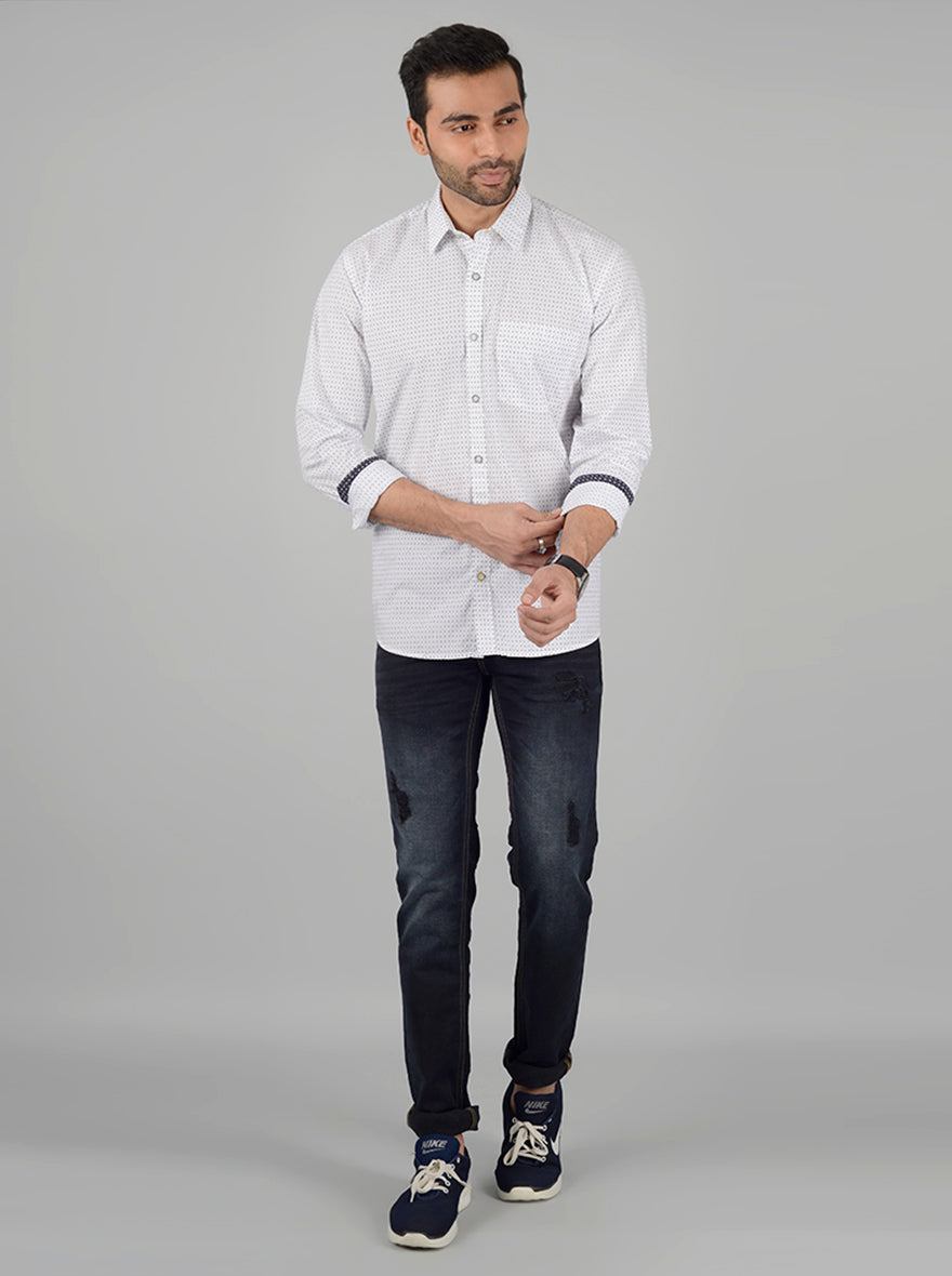 White Printed Slim Fit Casual Shirt | Greenfibre