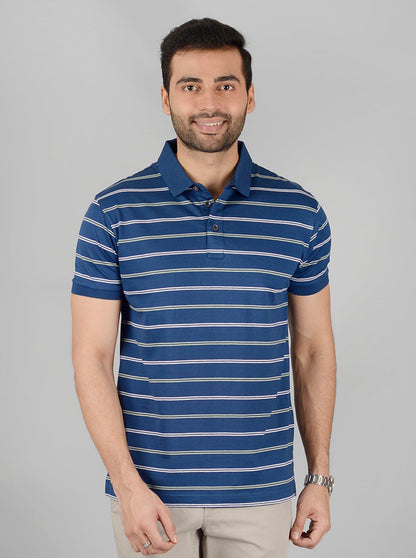 Navy Blue Striped Slim Fit Polo T-Shirt | JB Sport