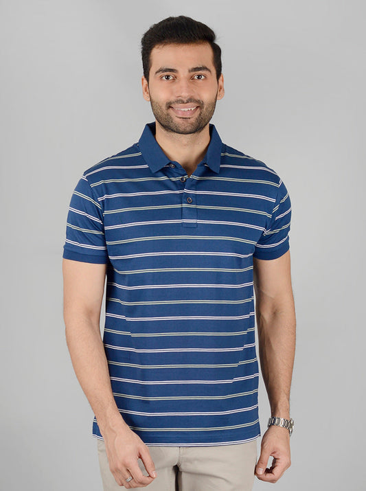 Navy Blue Striped Slim Fit Polo T-Shirt | JB Sport