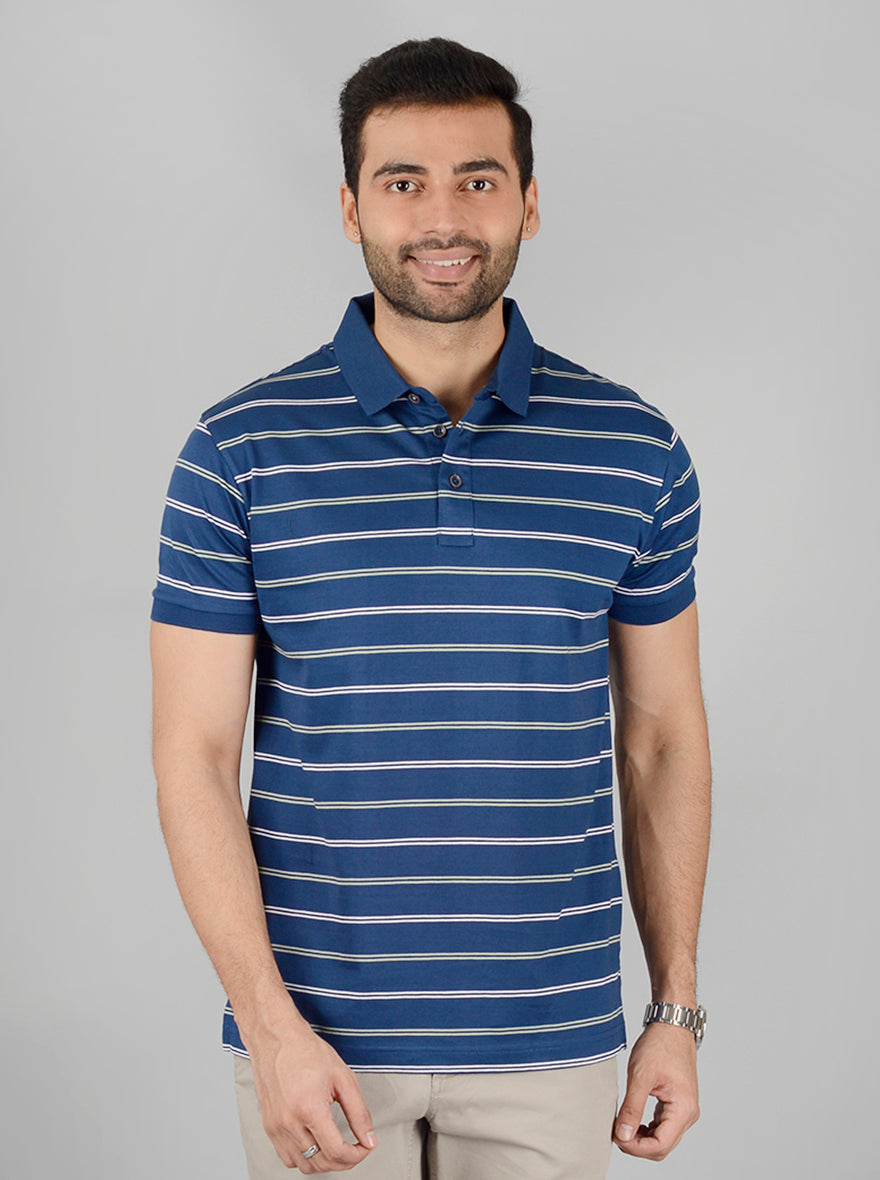 Navy Blue Striped Slim Fit Polo T-Shirt | JB Sport