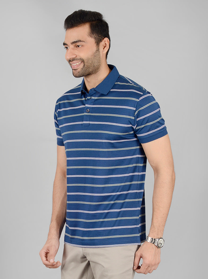 Navy Blue Striped Slim Fit Polo T-Shirt | JB Sport
