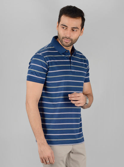 Navy Blue Striped Slim Fit Polo T-Shirt | JB Sport