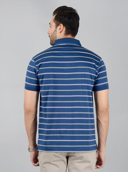 Navy Blue Striped Slim Fit Polo T-Shirt | JB Sport