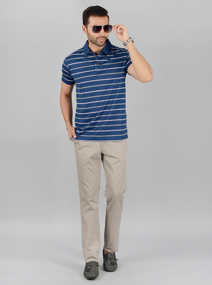 Navy Blue Striped Slim Fit Polo T-Shirt | JB Sport