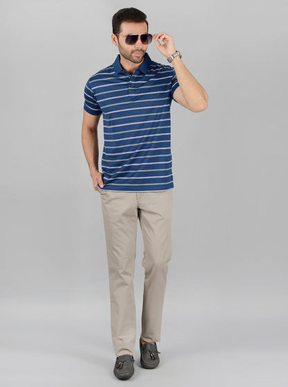 Navy Blue Striped Slim Fit Polo T-Shirt | JB Sport
