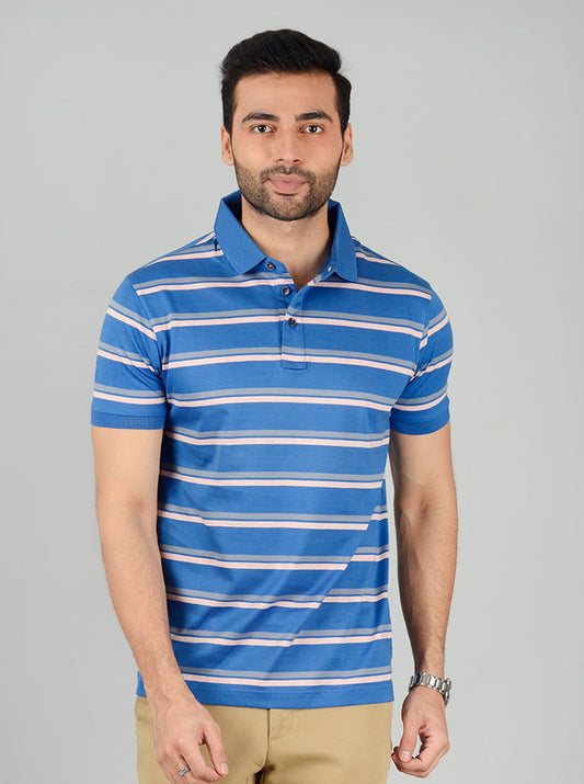 Royal Blue Striped Slim Fit Polo T-Shirt | JB Sport