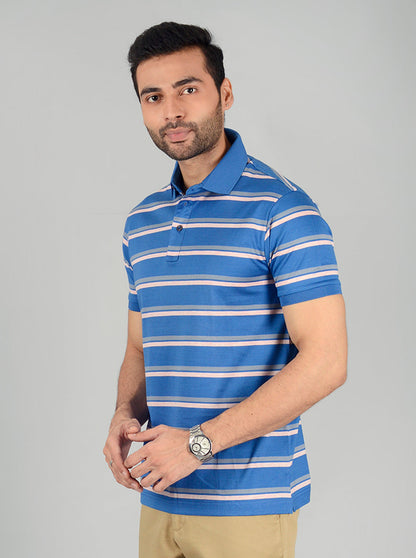 Royal Blue Striped Slim Fit Polo T-Shirt | JB Sport